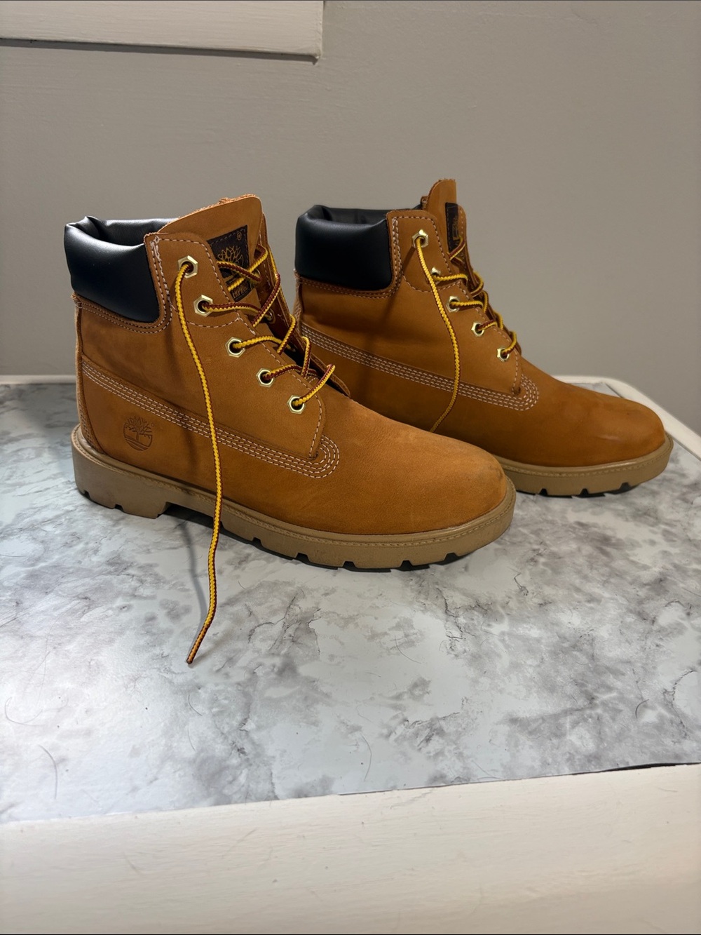 Timberland Wheat Nubuck Lace-Up Boots with Black Collar (kids size 4.5)